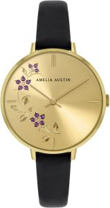 Amelia Austin Floral Ladies Watch with Black Leather Strap and Gold Dial AA2000