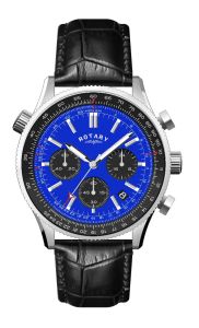 Rotary Mens Chronograph Watch with Black Leather Strap and Blue Dial GS00165/05