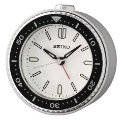 Seiko Clocks Black and Silver Bedside Alarm Clock with White Dial QHE184J