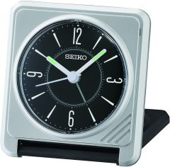 Seiko Clocks Travel Alarm Clock with Silver Case and Black Dial QHT015A