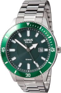Lorus Mens Solar Watch with Green Dial and Silver Bracelet RX315AX9