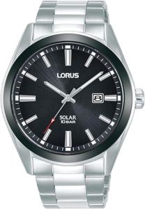 Lorus Mens Solar Watch with Black Dial & Stainless Steel Bracelet RX335AX9 