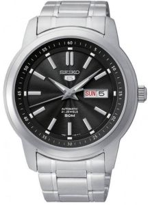 Mens Seiko Automatic Watch with Black Dial and Silver Strap SNKM87K1 