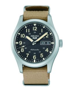 Seiko 5 Sports Gents Automatic Watch with Black Dial and Khaki Nylon Strap SRPG35K1