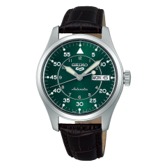 Seiko 5 Kelly Green Flieger Midfield Men's Automatic Watch with Green Dial and Brown Leather Strap SRPJ89K1